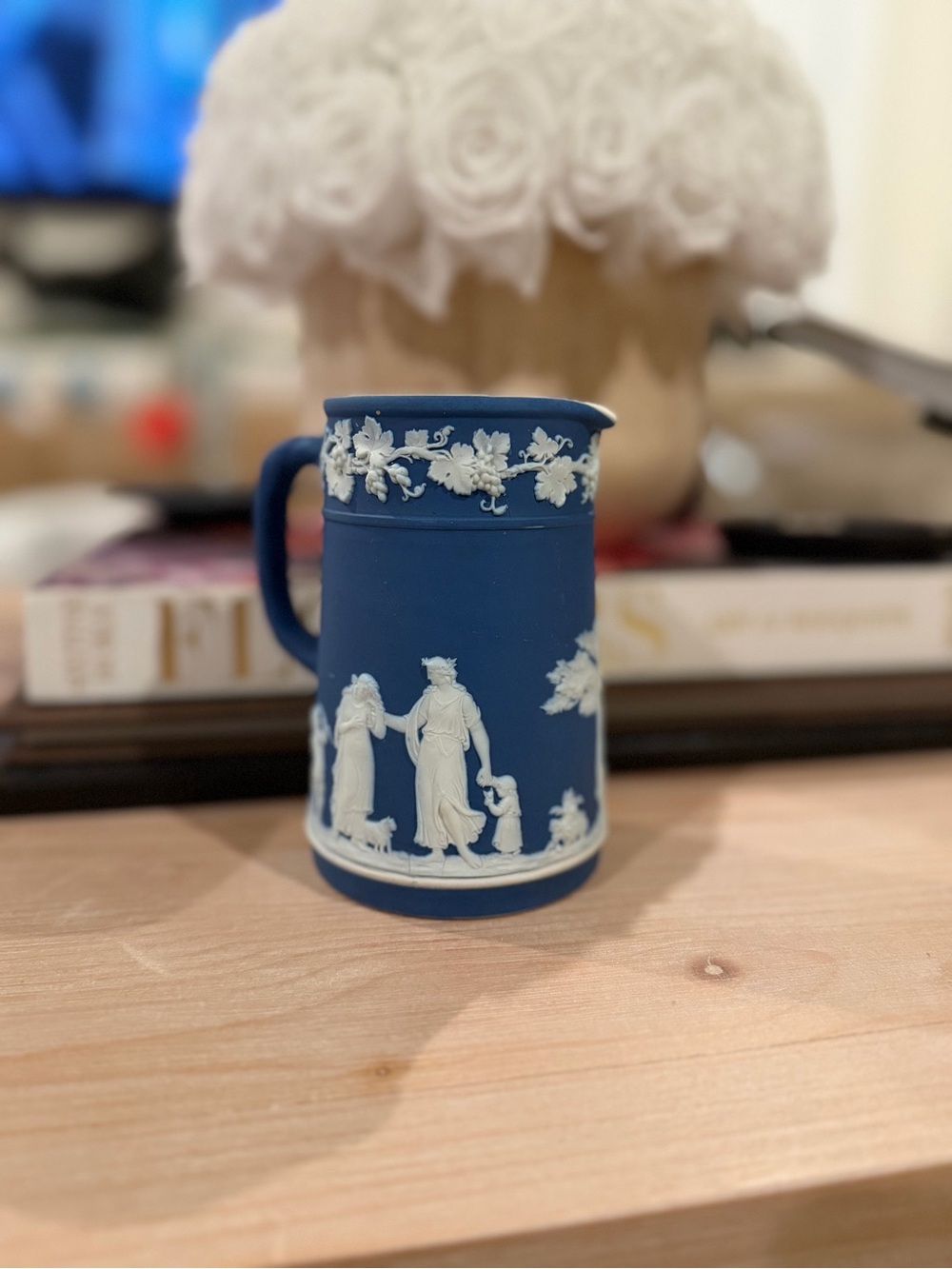 Wedgwood Blue Jasperware Pitcher with White Relief
